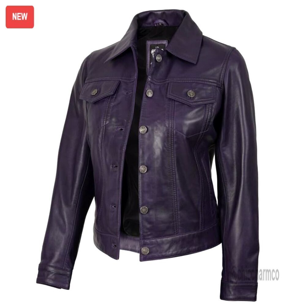 Real Lambskin Leather Jacket Women's Trucker Style